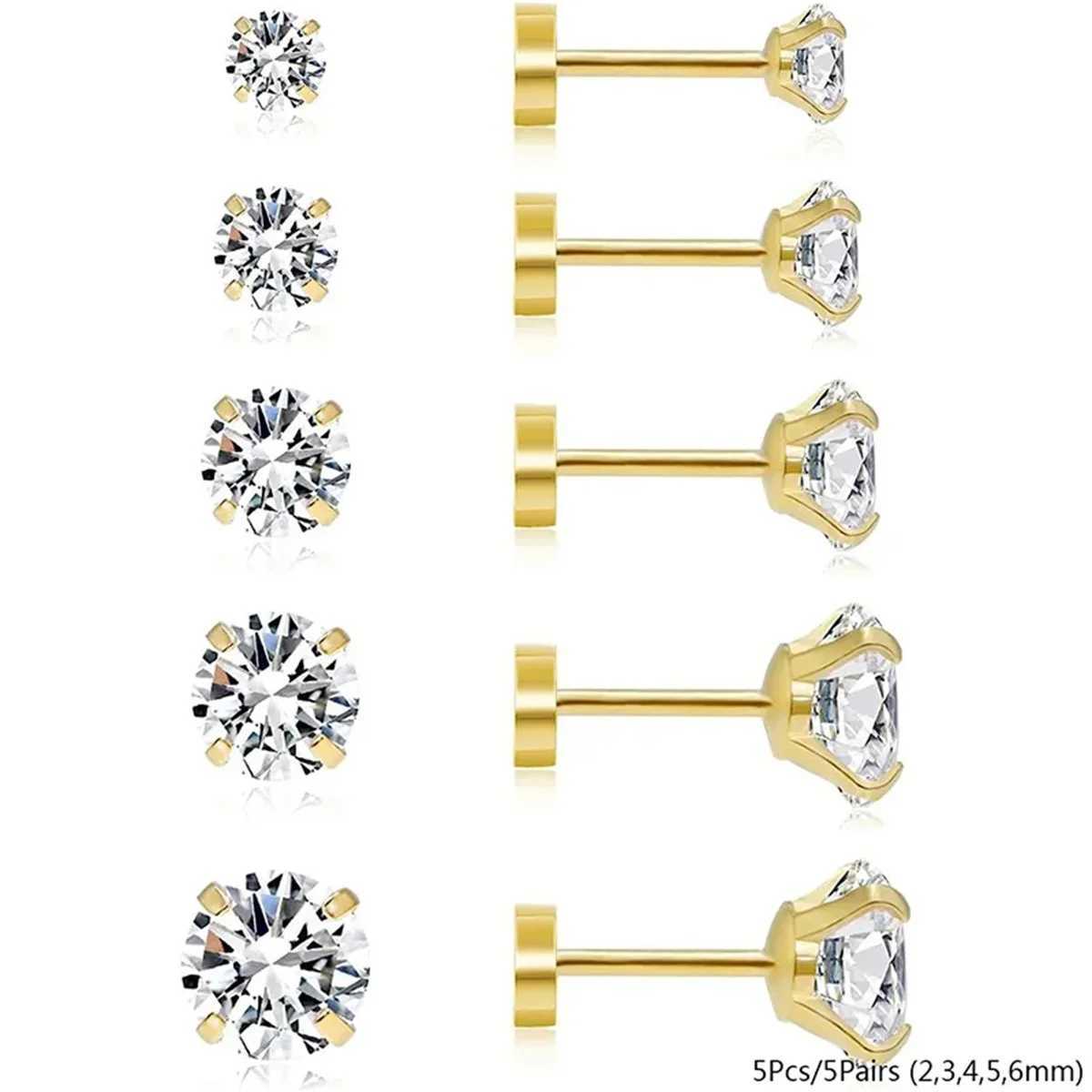 3/5/6/10 pieces of hypoallergenic stainless steel flat back stud box earrings cubic Zekonya Daith Tragus Rook screw back earrings W240803