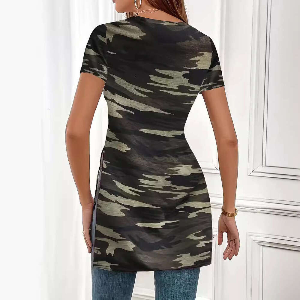 Women's 2024 Spring/Summer Round Neck Tight Printed sleeved T-shirt with Short Front and Long Rear