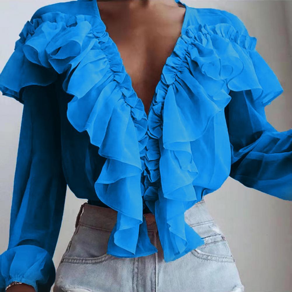 Solid Color V-neck Long Sleeve Loose Top Chiffon Shirt Ruffle Collar Sweet Pullover Blouse Streetwear Women Clothes