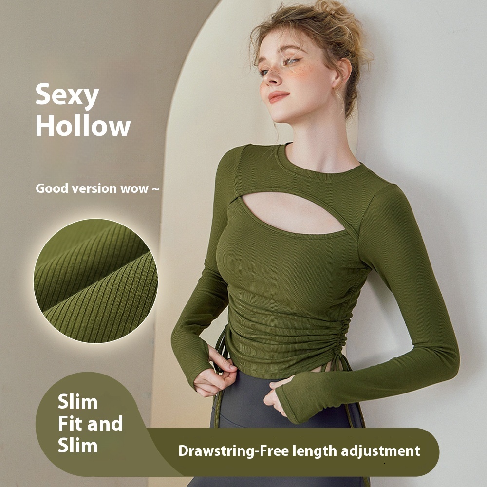 Yoga outfit women's new design sense hollow knitted base shirt, sports breathable drawstring tight long sleeved T-shirt top