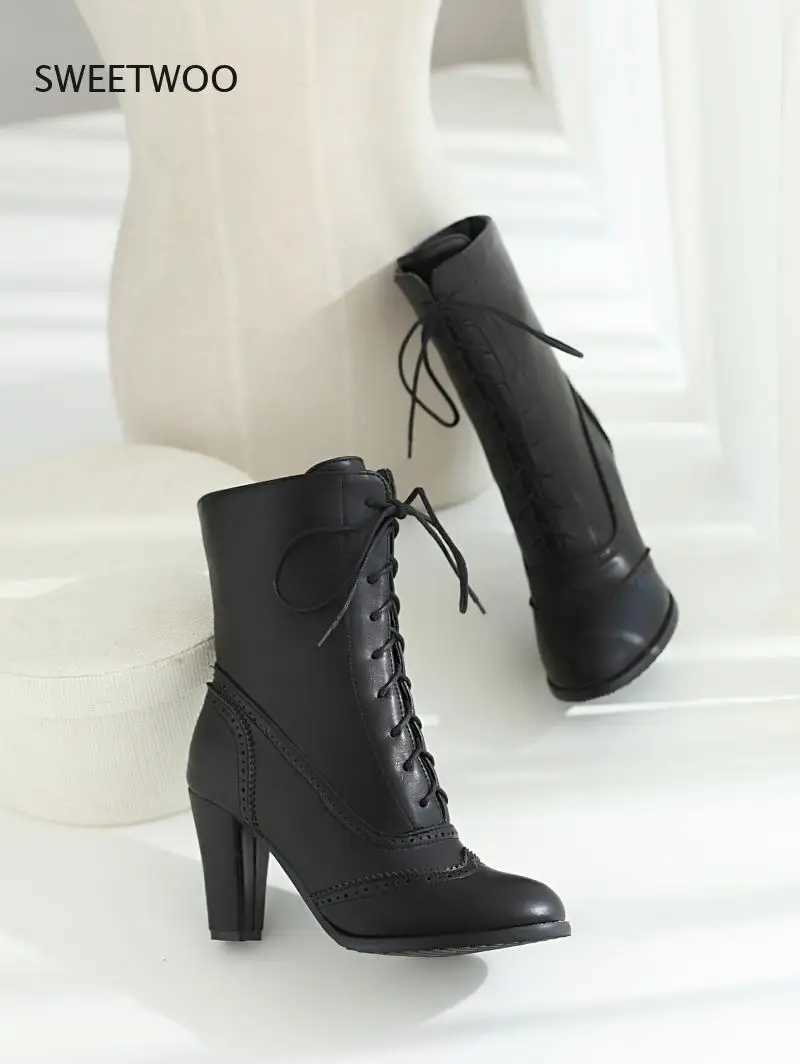 Womens boots sexy lace up boots womens classic leather lace up boots high heels mid length boots square high heels CL240906