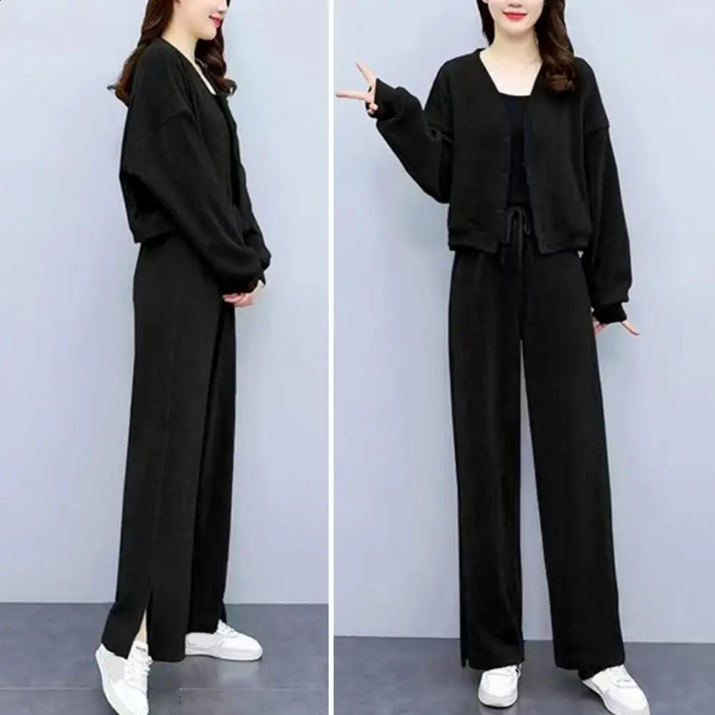 Casual two-piece elastic waist pants set for womens winter cardigan pants set single breasted jacket wide legs suitable for autumn 240903