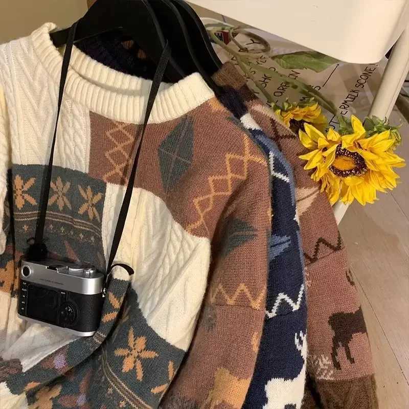 Japanese Vintage Mens Sweater Winter Loose Fit Outerwear Base Layer Pullover Knitted Top Casual Style Round Neck Idle Brand Y240906