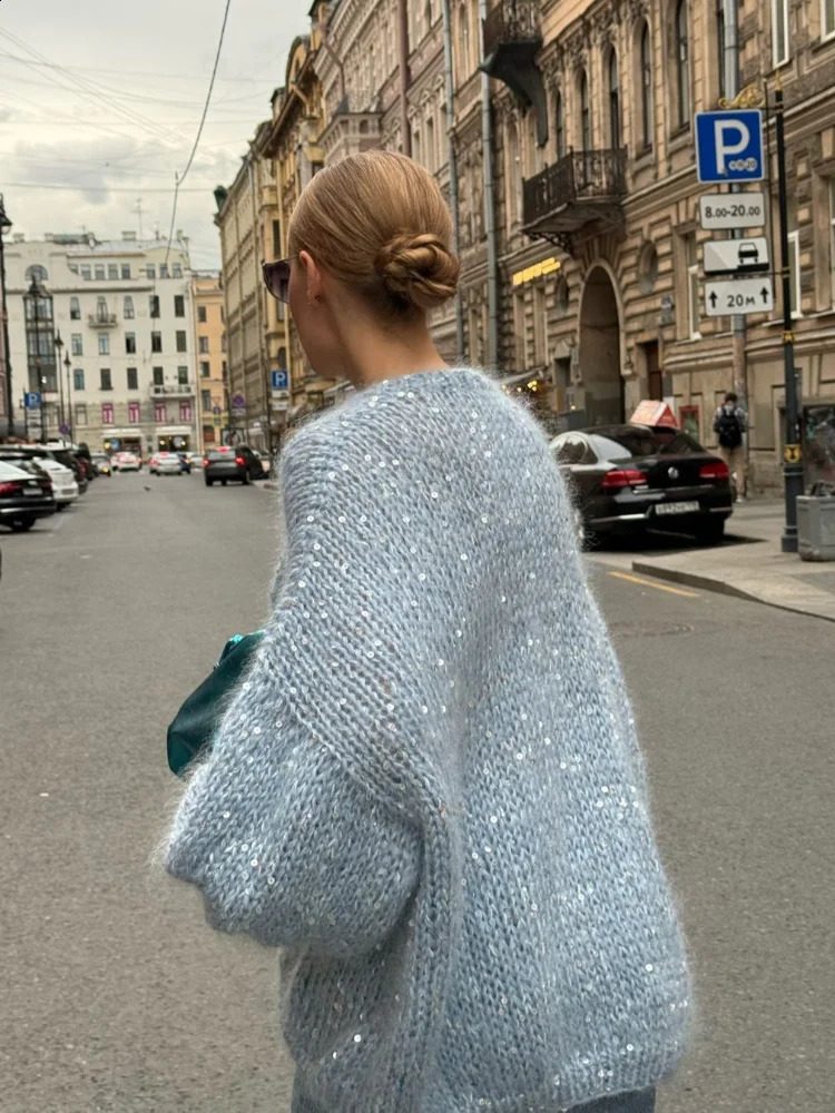 Elegant Shiny Fluffy Mohair Womens Sequin Cardigan Loose V Neck Lantern Sleeves Single Breasted Coats Female Chic Knitwear 2024 240905