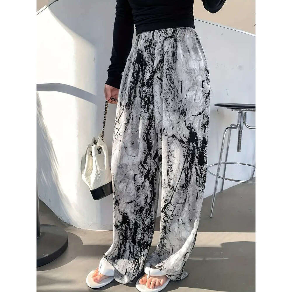 2024 high waisted hanging ink painting new Chinese style casual floor pants