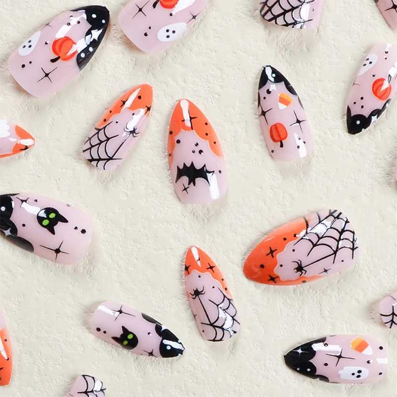 Halloween fake nail acrylic pressed nail almond shaped fully covered jelly glue nail cute ghost nail sticker W240905