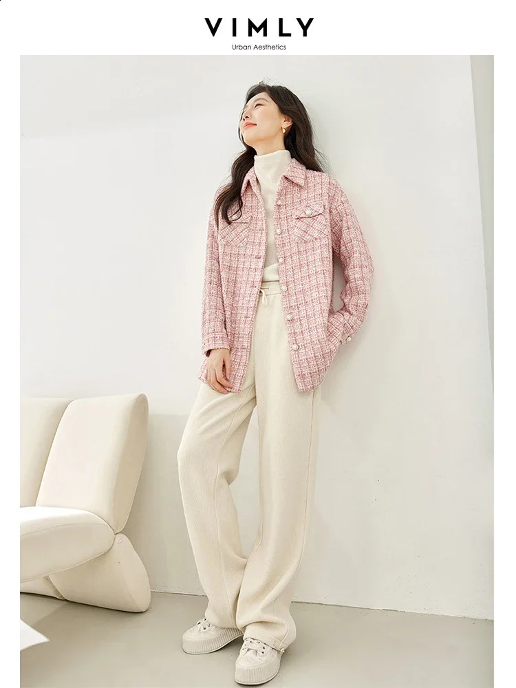 Vimly Winter Pink Tweed Quilted Jackets Women Straight Thick Single Breasted Long Sleeve Overshirts Female Clothing M3599 240904