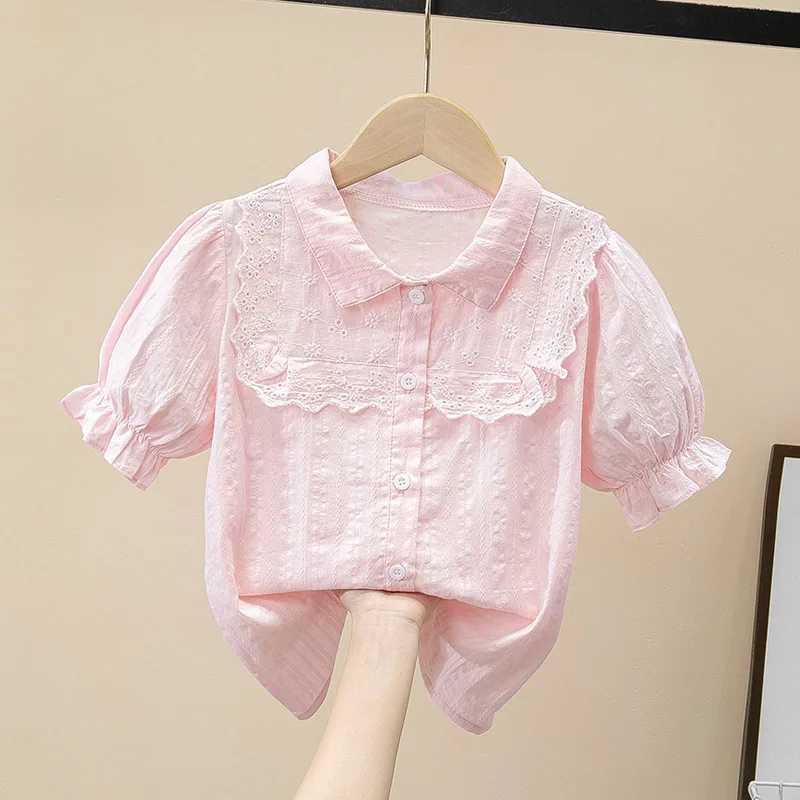 Baby Girls Clothing Toddler Shirt Sweet Lapel short Sleeve Shirt Spring Girls Blouses Solid Color Cotton Tops 2-12 Years Y240906