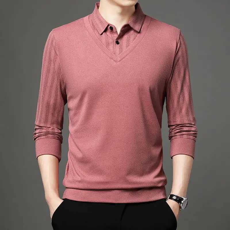 Autumn Winter 2023 New Smart Casual Turn-down Collar Long Sleeve T-Shirt Mens Clothing Fashion Buttons Pullover Patchwork TopsXJ240906