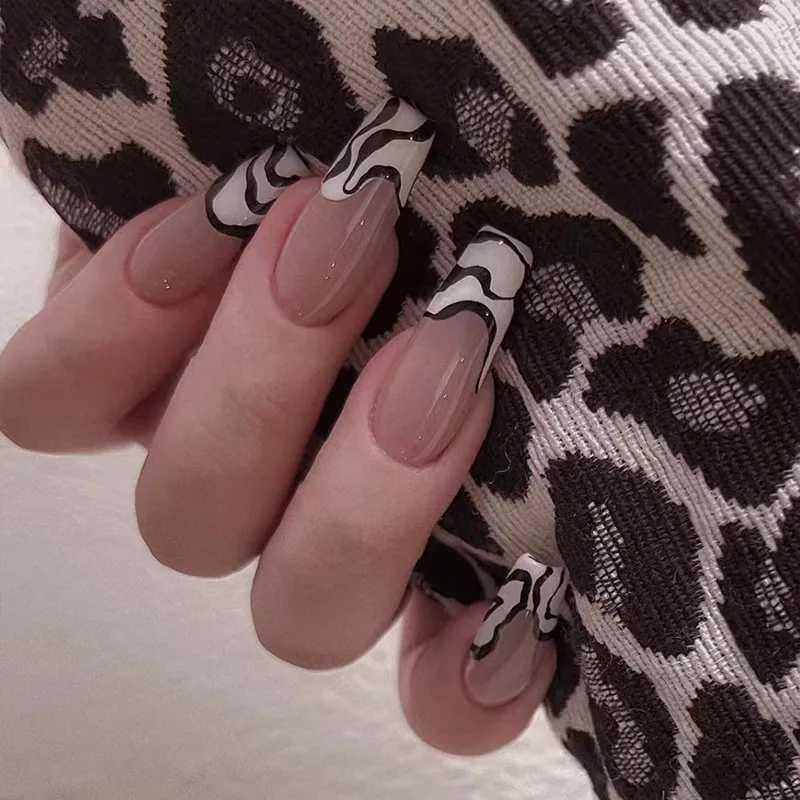 24P fashionable fake nails with design leopard full cover fake fingernails black brown thin high-heeled shoes pressed on French artificial nail glue W