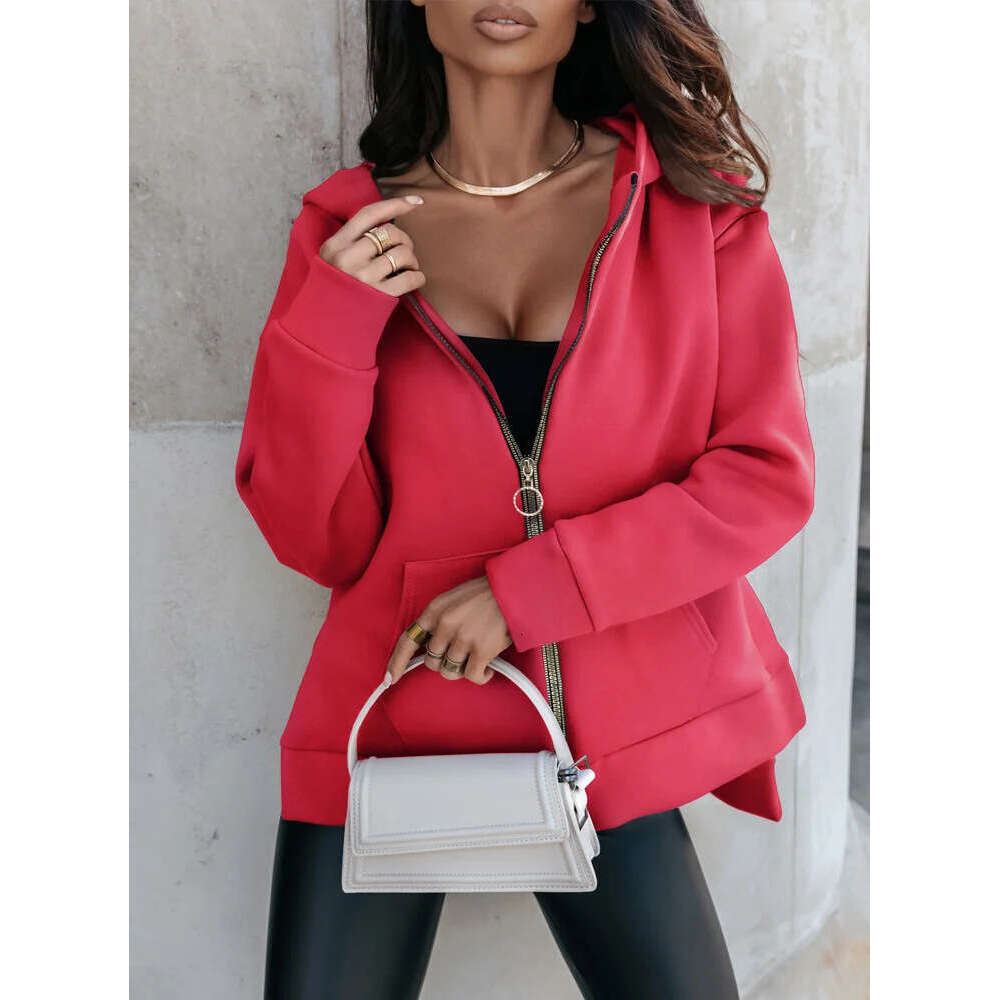 2024 Autumn/Winter New Women's Sports Pocket Zipper Loose Relaxed Hoodie Sweater