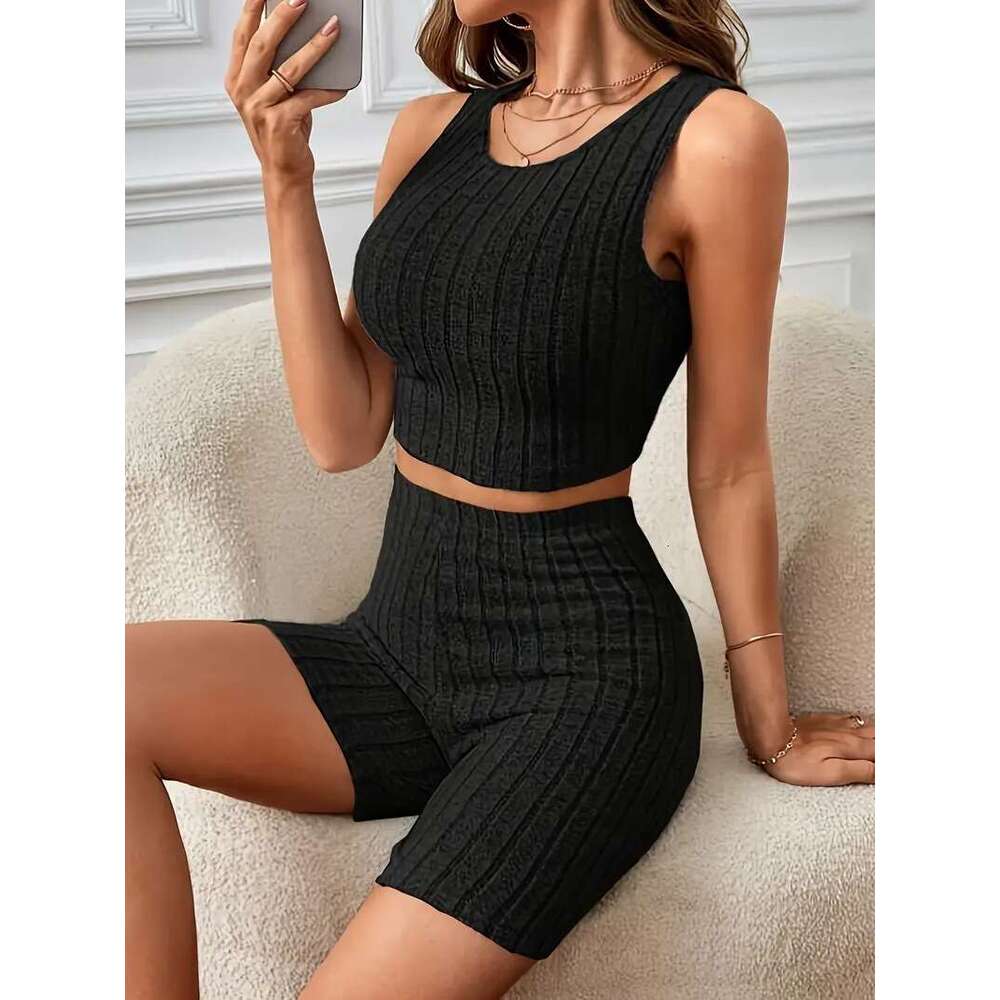 2024 New Home Clothing High waisted Tank Top Fashionable, Casual, Comfortable Round Neck Women's Set