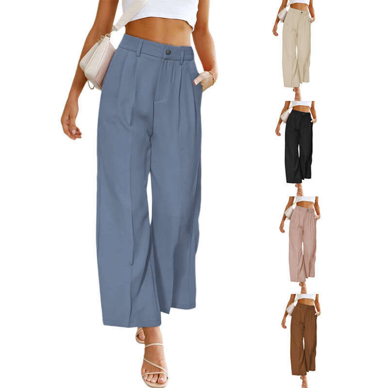 2024 Spring/Summer New Women's Casual Wide Leg Formal High Waist Button Long Pants with Pockets