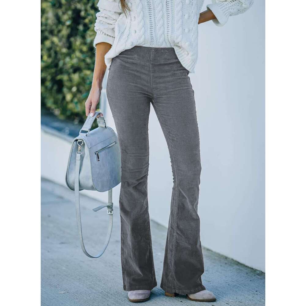 2024 Spring/Summer Women's Solid Color High Slim Fit Micro Flare Corduroy Elastic Waist Casual Pants
