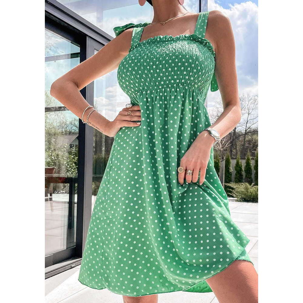 Spring and Summer New Pocket Strap, Embracing Printed Floral Wave Dot Dress, Women's Wear