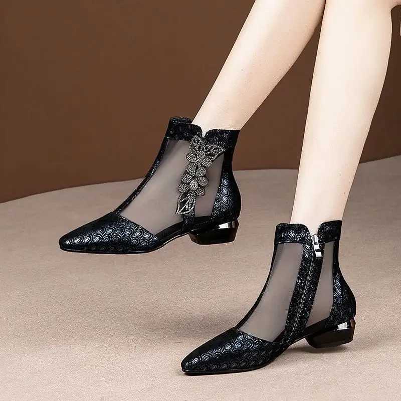 FHANCHU Womens Sandals Mid Heel Summer Mesh Shoes Soft Ankle Botas Rhinestone Corntoe Side Zipper Black Blue Down Jacket CL240906