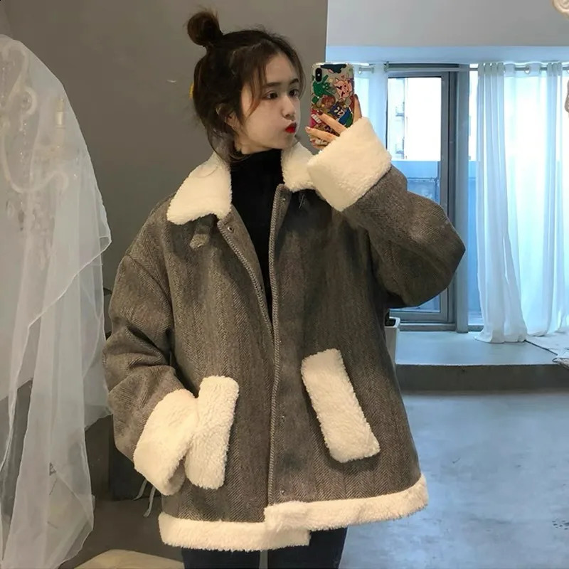 Wool jacket pocket button womens fashion lapel loose long sleeved wool autumn and winter 240905