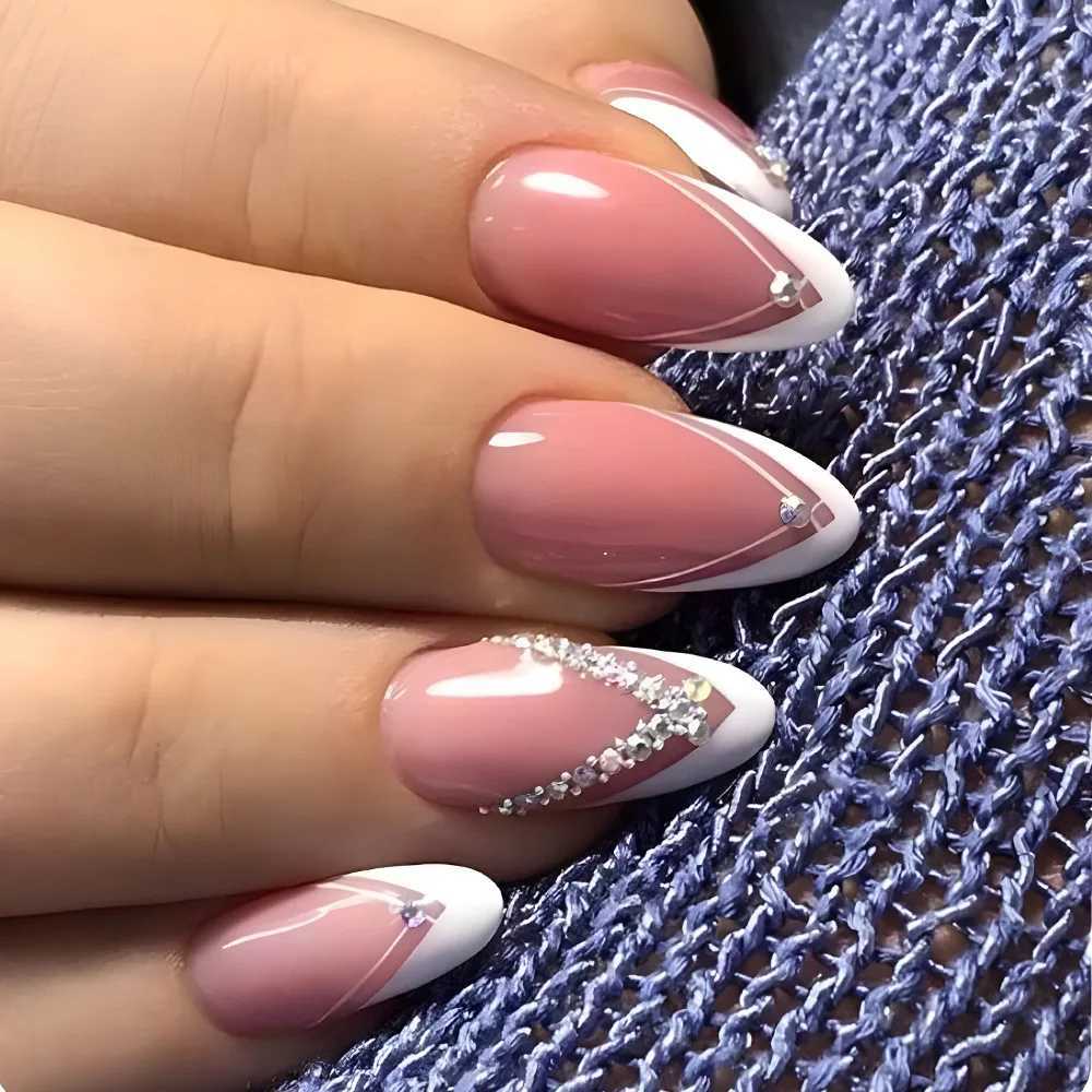 White Line French Fake Nail Almond Nude Pink Artificial Shining Nail Patch Shining Glitter Design Wearable Pressing Nail 24 pieces W240905
