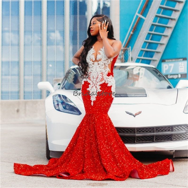 Shiny Red Black Prom Dresses 2025 Plus Size Sequins Mermaid Evening Dress 2025 African Nigerian O Neck Sleeveless Birthday Party Dress Special Occasio