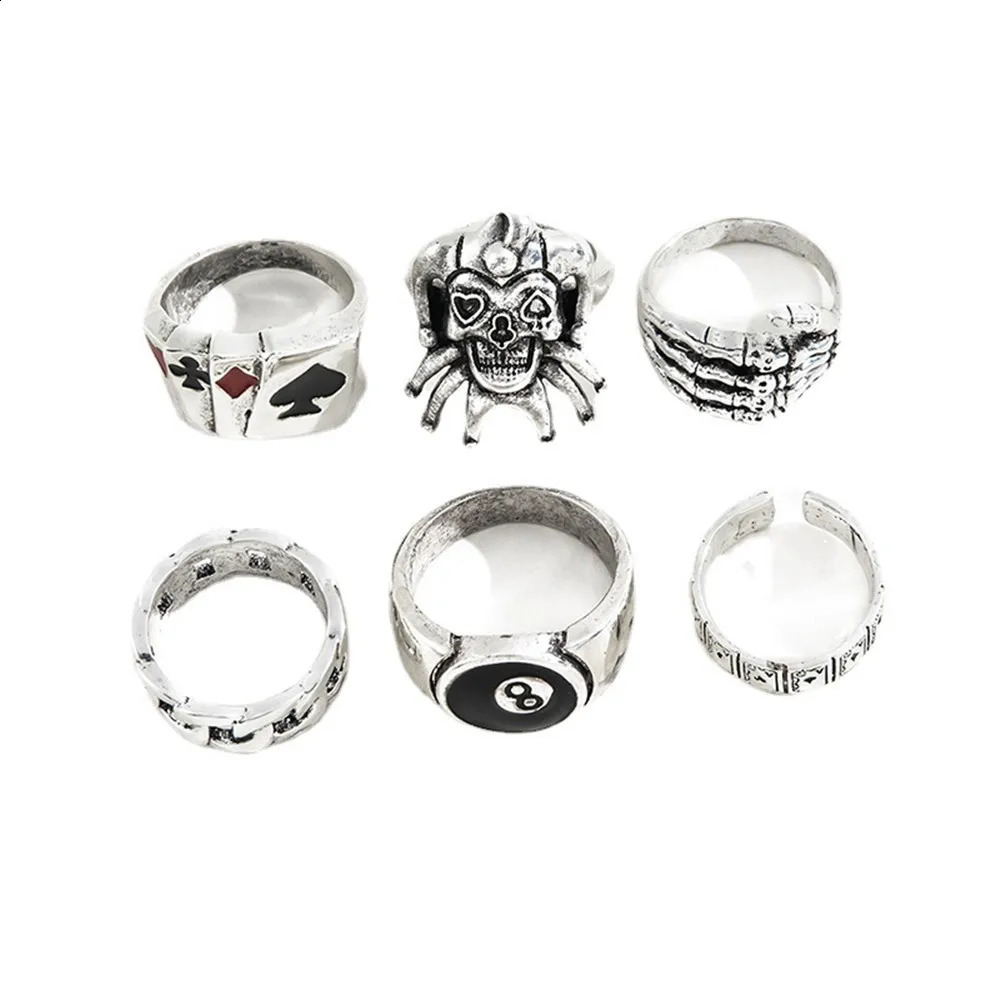 6 pieces of punk poker clown silver ring mens gothic skeleton billiards set couple emoticons fashion jewelry gift 240905