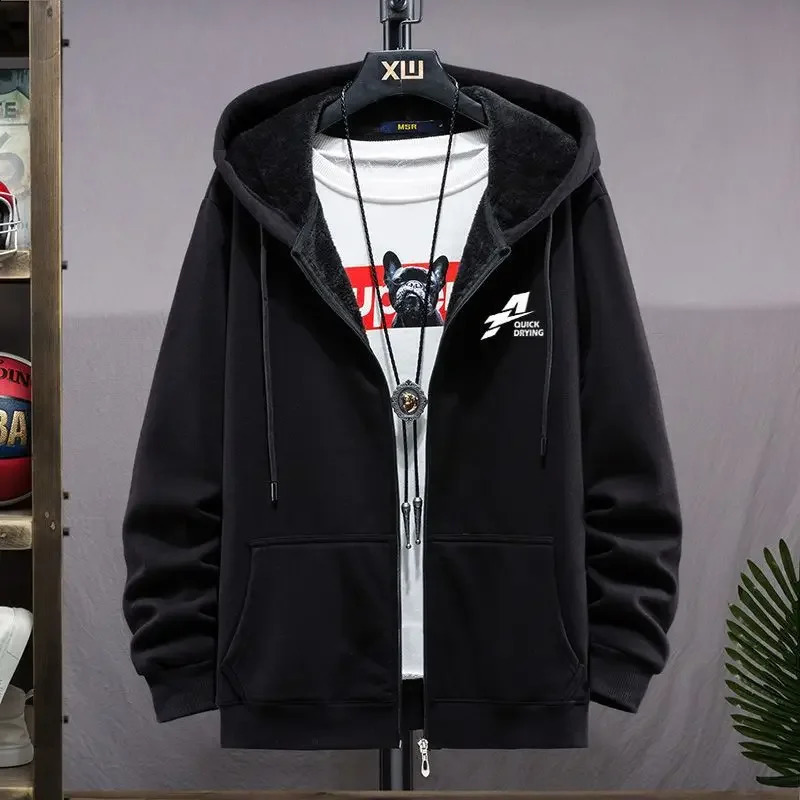 Mens Clothing Hooded Black Sweatshirts for Man Fleeced Hoodies Full Zip Up Simple Overfit Loose Welcome Deal Sweat Shirt In 240906