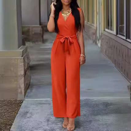 2024 Spring/Summer Women's New V-neck Wide Leg Sleeveless waist belt jumpsuit Female 0