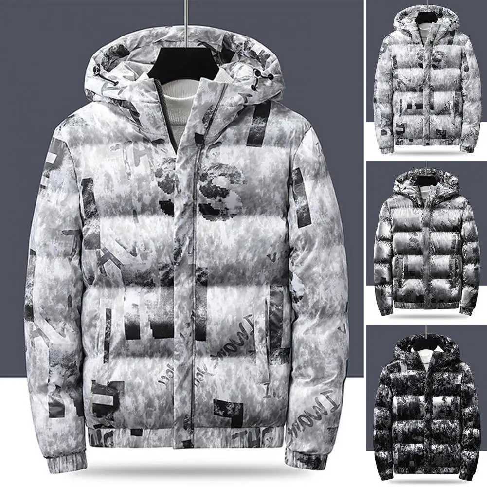 Men Jacket Shiny Cotton-padded Mens Graffiti Mens Bread Clothes Fashion Hooded Windproof Winter Cotton Padded Windbreaker M240906