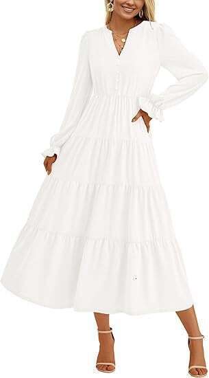 2024 autumn dress long sleeved V-neck layered ruffle hem flowing A-line cocktail party