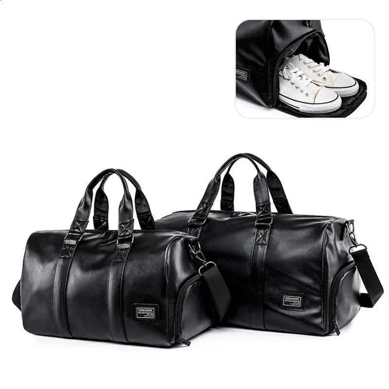 Large sports and fitness bag with shoe pockets black soft leather large gym handbag outdoor 240906