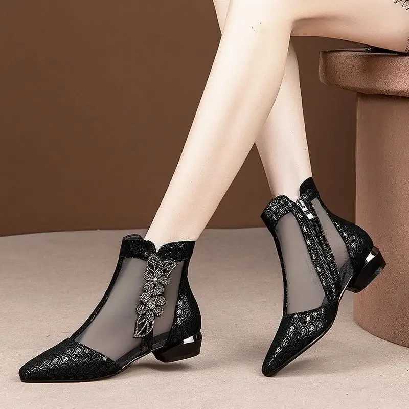 FHANCHU Womens Sandals Mid Heel Summer Mesh Shoes Soft Ankle Botas Rhinestone Corntoe Side Zipper Black Blue Down Jacket CL240906