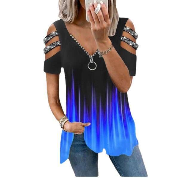 2024 V-neck zipper pullover printed short sleeved loose T-shirt Women's top