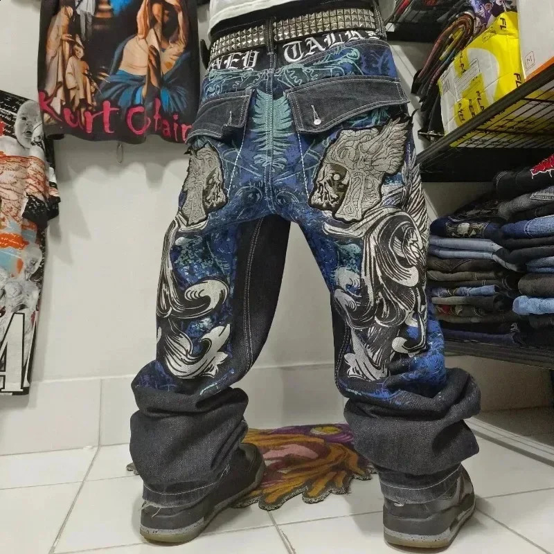 Mens oversized printed jeans Y2K Harajuku retro loose goth high waist casual wide leg pants street rock fashion 240902