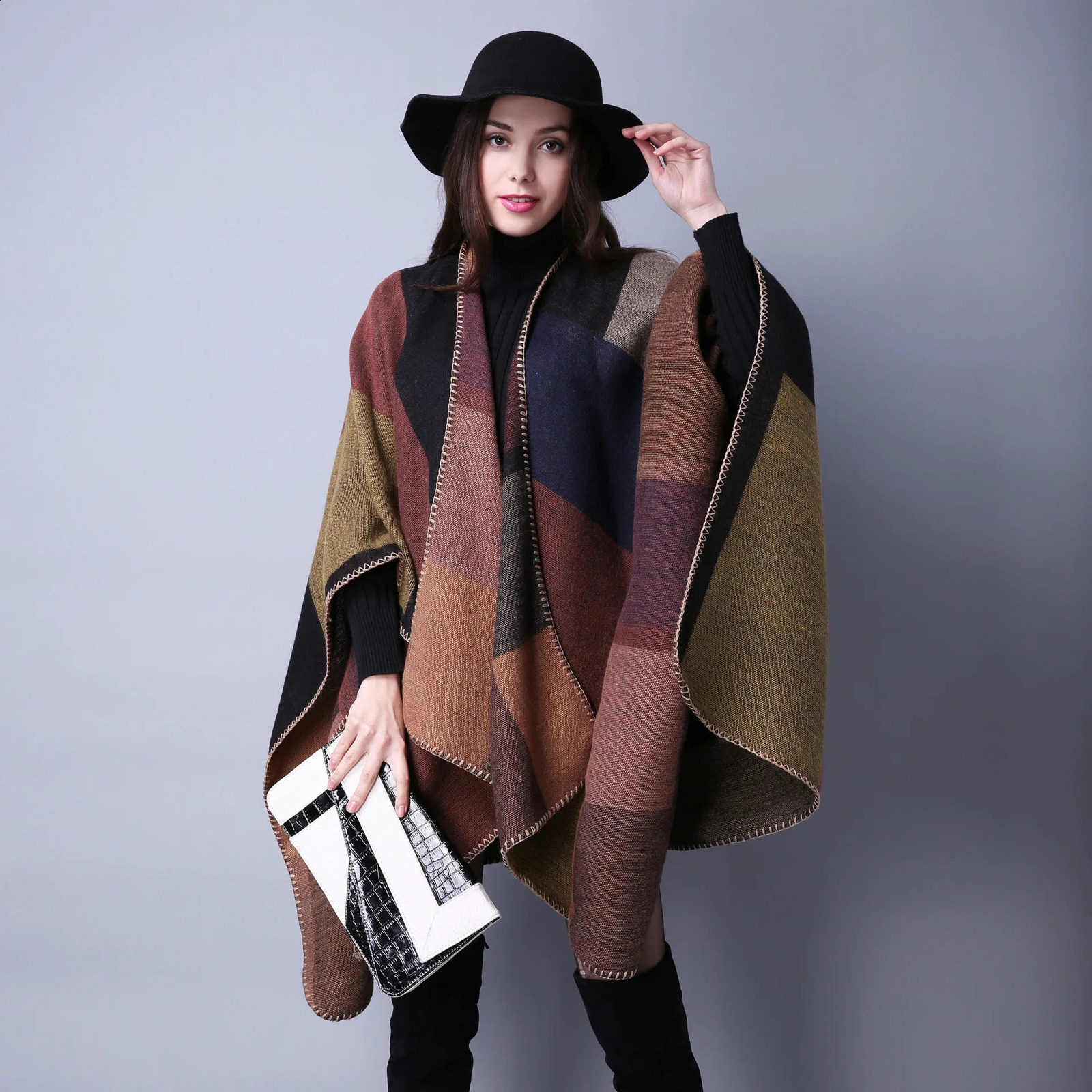 Vintage colored block shawl imitates cashmere warm bag Bohemian large blanket scarf raincoat shawl thick coat outdoor 240906
