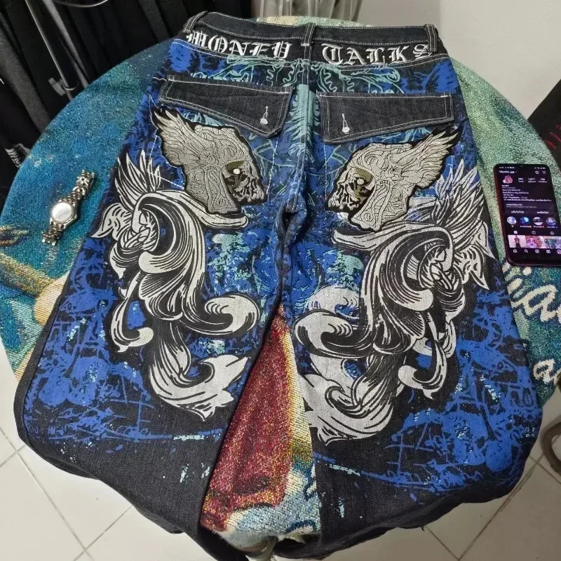 Mens oversized printed jeans Y2K Harajuku retro loose goth high waist casual wide leg pants street rock fashion 240902