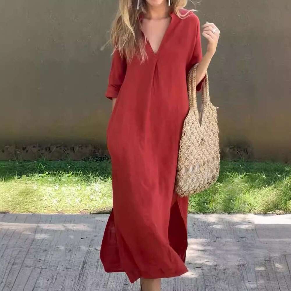 2024 Women's Summer Side slit Pocket V-neck 7-inch Sleeve Chest Crimson Dress