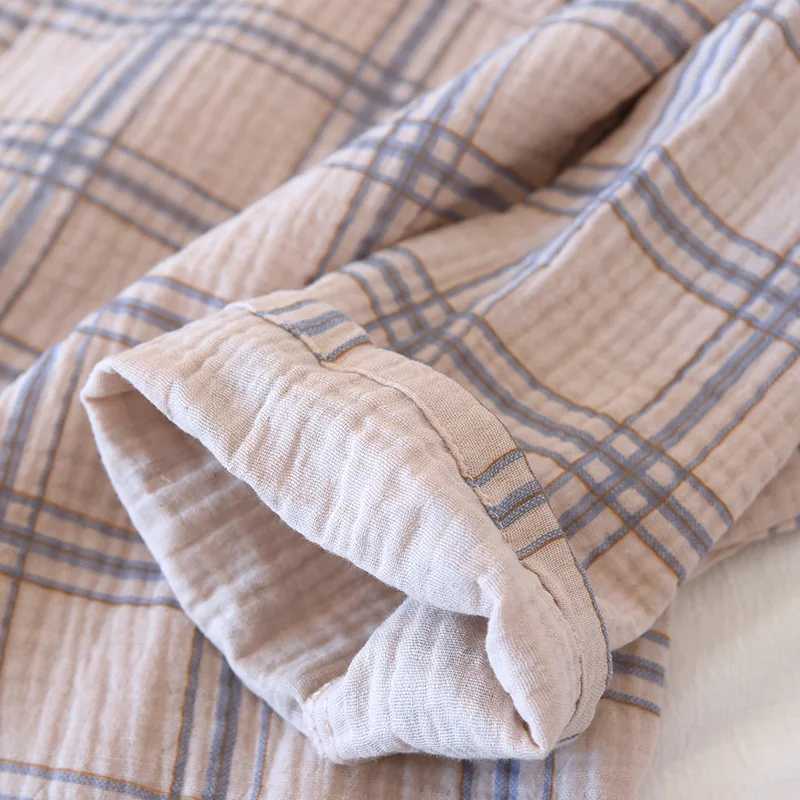 Japanese new spring and autumn mens 100% cotton crepe plaid pajamas long-sleeved trousers two-piece large size home service set Y240906