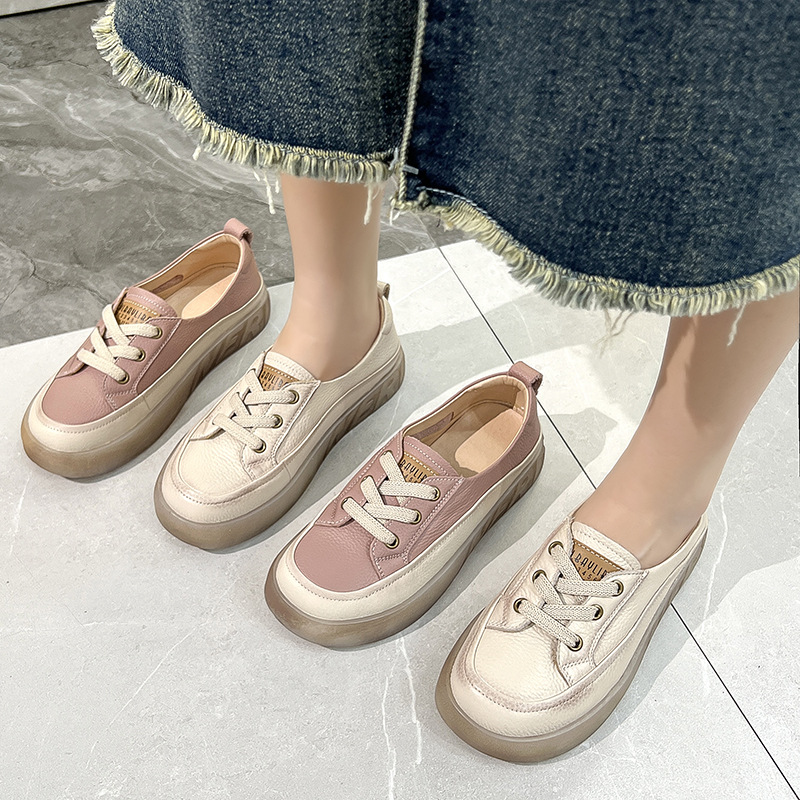 2024 new spring and summer head layer cowhide shallow mouth single shoes female retro leisure thick bottom jelly bottom hollow lazy shoes