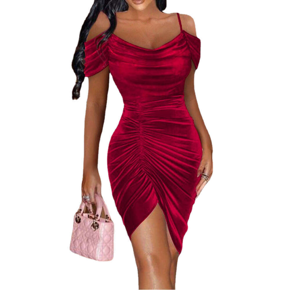 2024 Spring Sexy Slimming Strap Fluffy Drawstring Irregular Dress