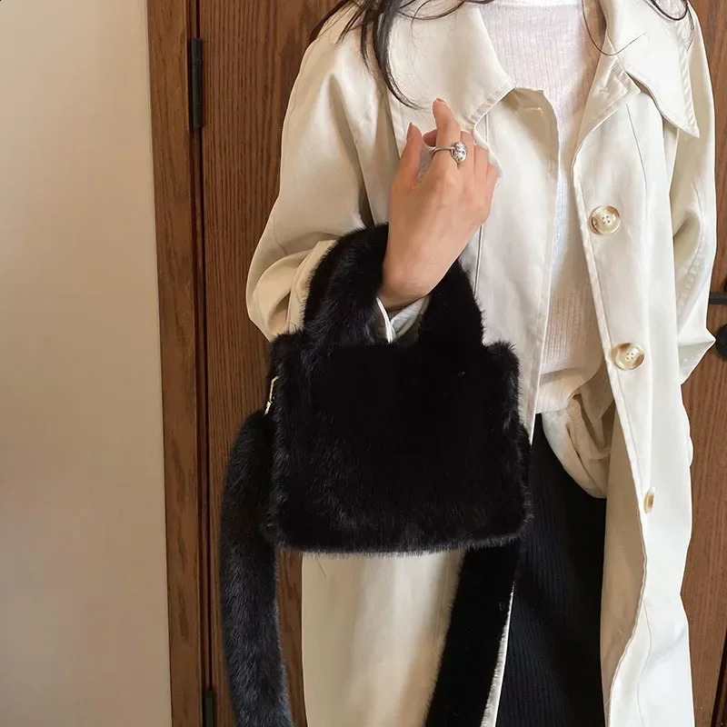 y faux fur womens shoulder bag solid color soft plush cross body simple fluffy handbag wallet 240906