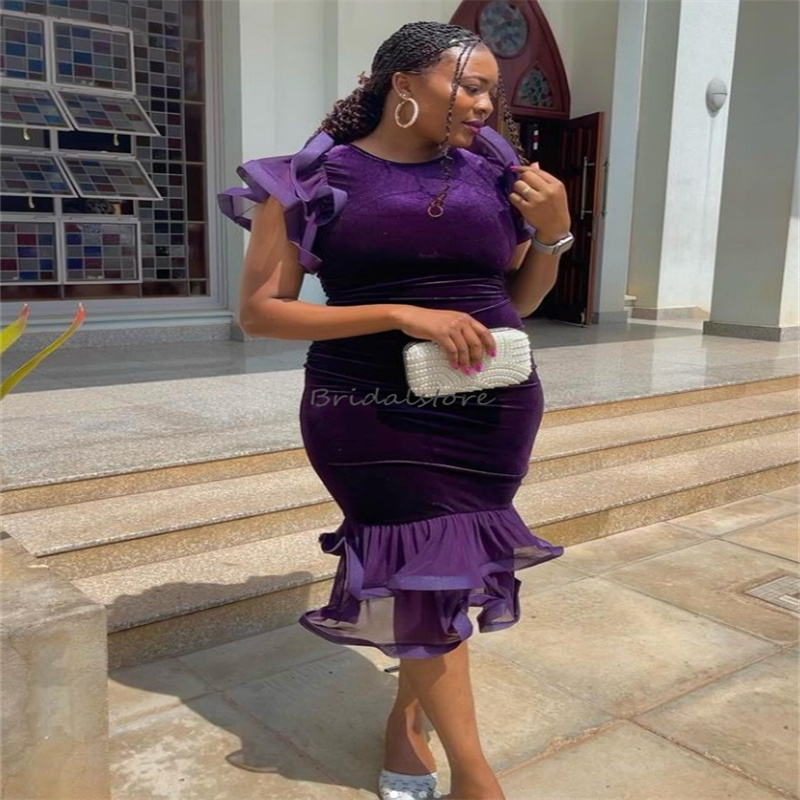 Nigerian African Purple Prom Dresses Elegant O Neck Ruffle Velvet Evening Dress Holiday Dinner Formal Party Wear Birthday Dress vestidos de gala 2025 