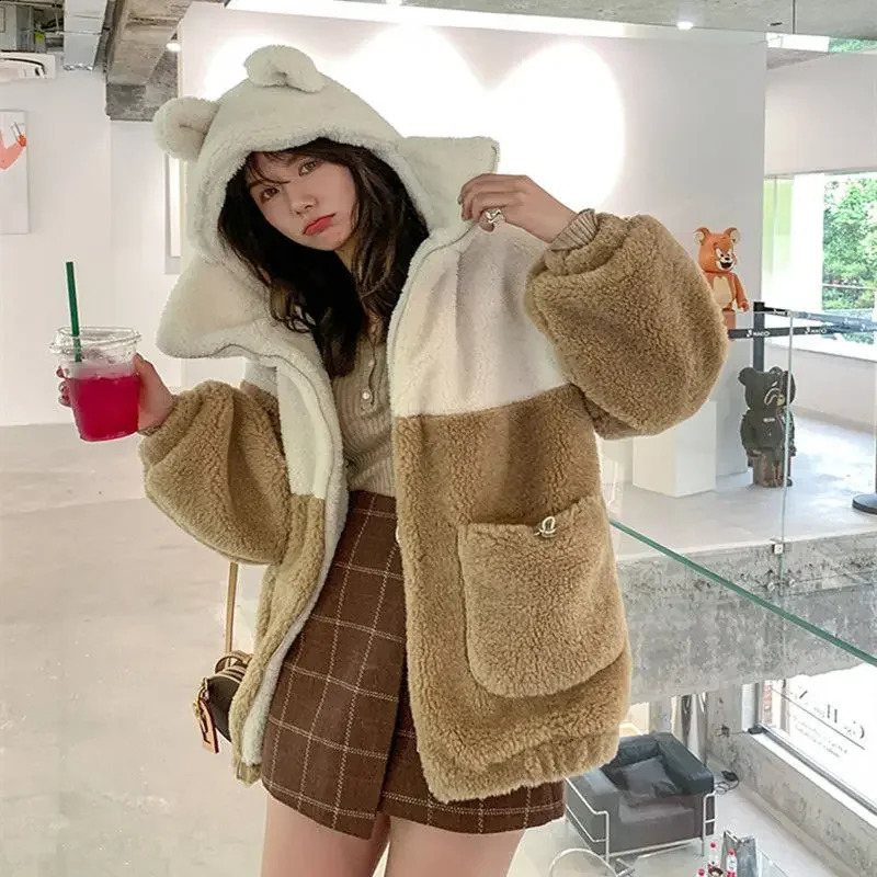 Cashmere coat womens winter clothing Y2K student Japanese soft girl cute with velvet thick hooded sweater for sale 240905