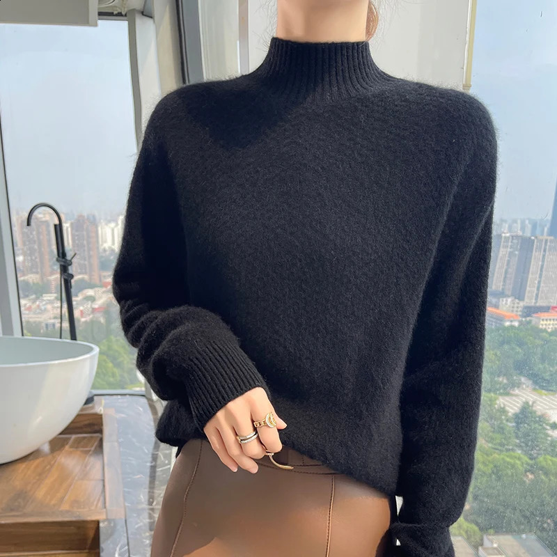 Autumn and Winter 100% Merino Wool Womens Sweater Half High Collar Solid Color Thick Knitted Large Size Loose Long Sleeve Floral Top 240905