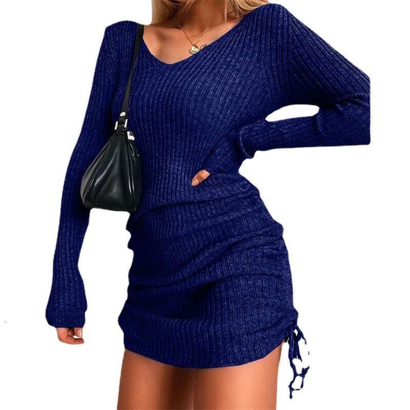 2023 Knitted Sweater V-neck Long Sleeve Autumn/Winter Sexy Slim Fit Threaded with Wrinkle Drawstring Bottom Skirt