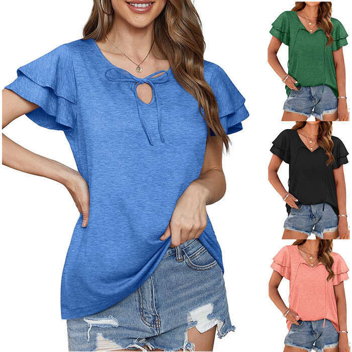 2024 TEMU Spring/Summer New V-neck Double Sleeve Lace up Casual T-shirt Women's Wear