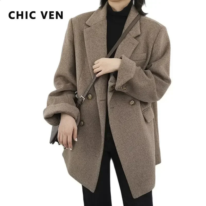 CHIC VEN Womens Wool Blended Jacket Solid Medium Length Thick Warm Shirt Coat Office Top AutumnWinter 240905