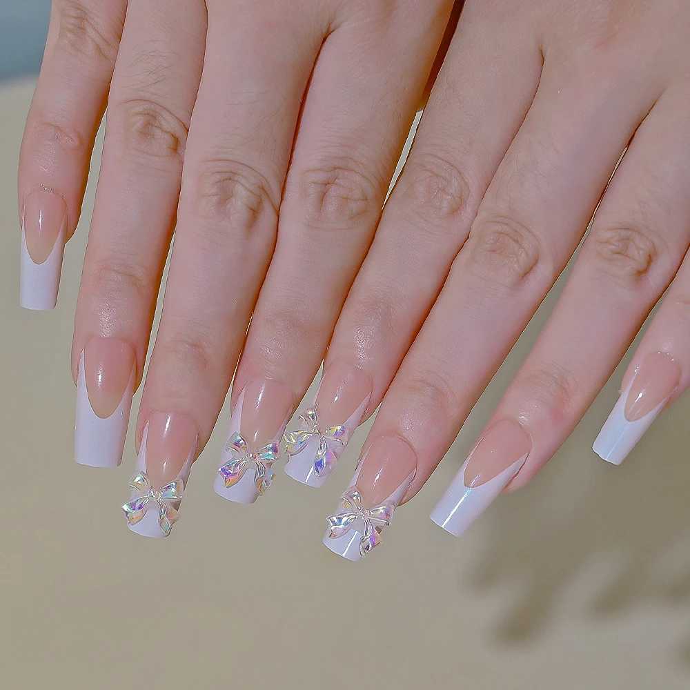 24 pieces of butterfly bow pressed nails long ballet fake nails Coffin wearable French fake nails complete set of ergonomic tips and extension W240905