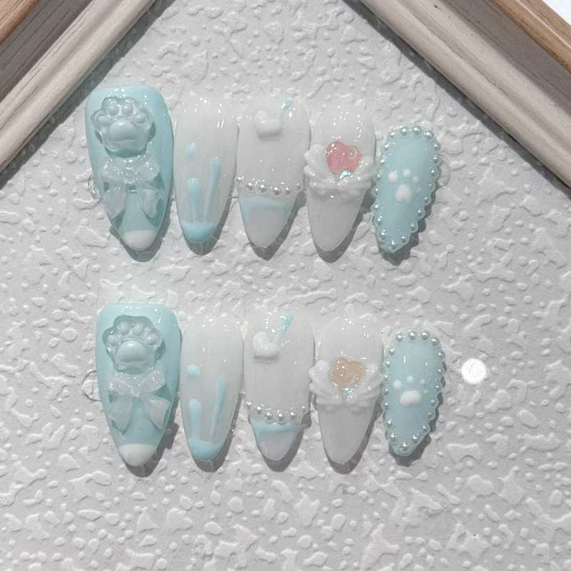 10 pieces of blue glossy full cover press French almond nail tips pearl heart bow decoration suitable for girls nail art decoration W240905