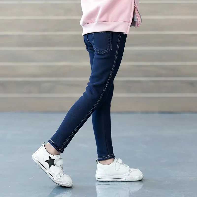 Girls Winter Cowboy Denim Long Pants Kids Thicken Warm Bootcuts Skinny Thick Leggings With Fleece Elastic Waist Trousers Y240906