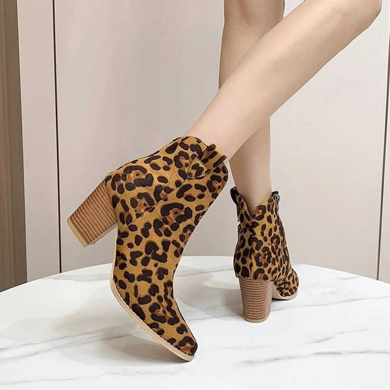 FHC Sexy Leopard High Heeled Ankle Boots Womens Short Boots Autumn/Winter Shoes Pointed Toe Boots Side Zipper Sizes 35-42 Dropship CL240906