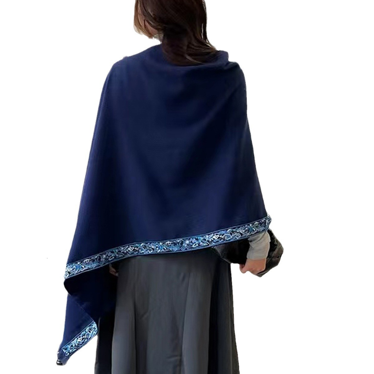 New ethnic style shawl with antique style buckle, multifunctional embroidery, warm and fashionable imitation cashmere shawl scarf